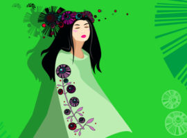 Una giovane donna asiatica si trova su uno sfondo verde brillante. Trasuda stile e rappresenta il comportamento dei consumatori della Generazione Z