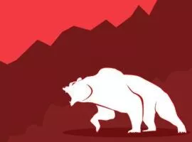 現在の弱気相場を表す赤い背景に対して、とどろく熊が突進します。