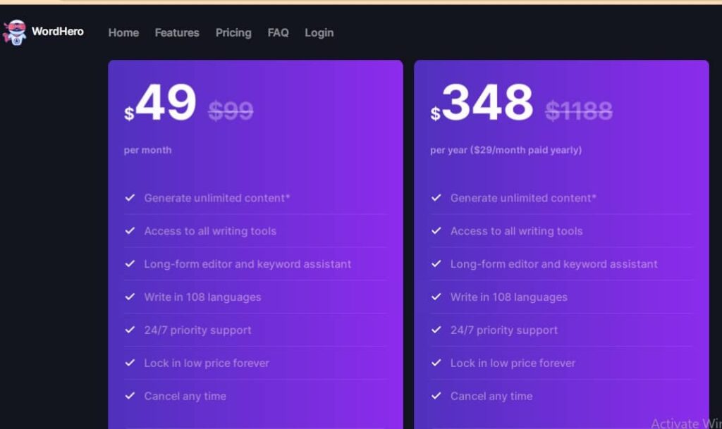 Wordhero Fiyatlandırması