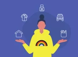 Illustration einer schwarzen Frau, die mit Ikonen von Wohnen, Gas und Kleidung jongliert und Inflation vermittelt