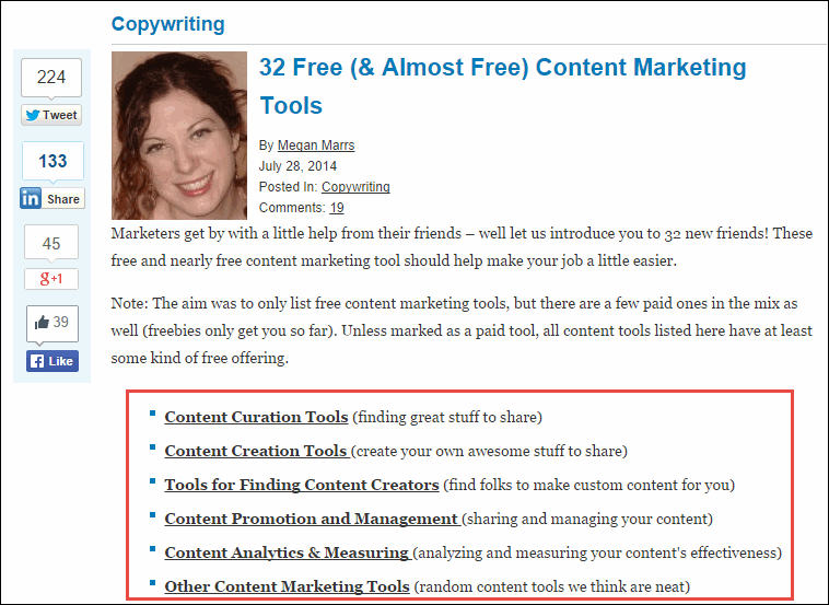 Uno screenshot di come puoi utilizzare le sottocategorie dei post degli strumenti per le idee sugli argomenti.
