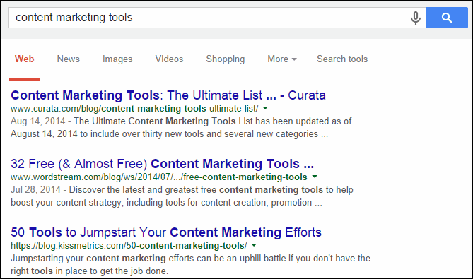 Uno screenshot dei risultati di ricerca per gli strumenti di content marketing.