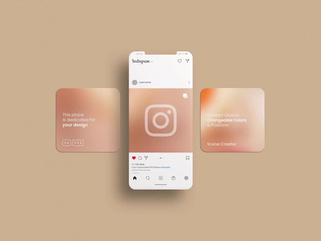 PSD instagram 界面和粘土手机屏幕上的后期模型