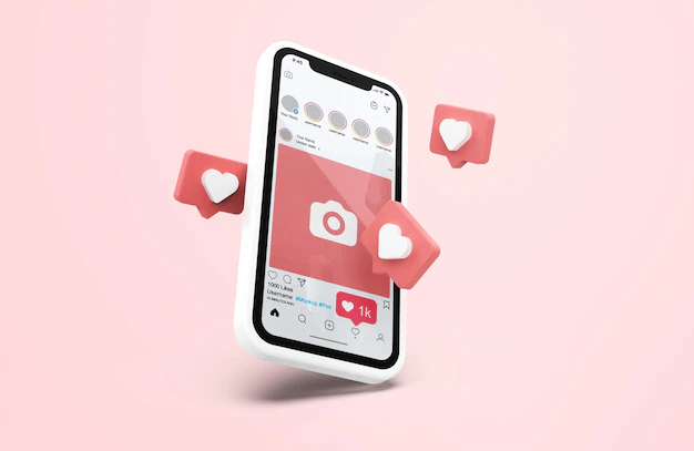 带有 3d 图标的白色手机样机上的 PSD instagram