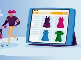 スマートフォンをバックに食料品のカートを押す人。消費者の需要が小売業者を導くにつれて、e コマースは大きな役割を果たすようになります。