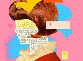 成長マーケティングを示す、横顔の女性を目と首に書体で表現したコラージュ