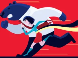 成功と失敗の D2C ビジネス モデルを表す、実業家クマと競争する女性のイラスト。