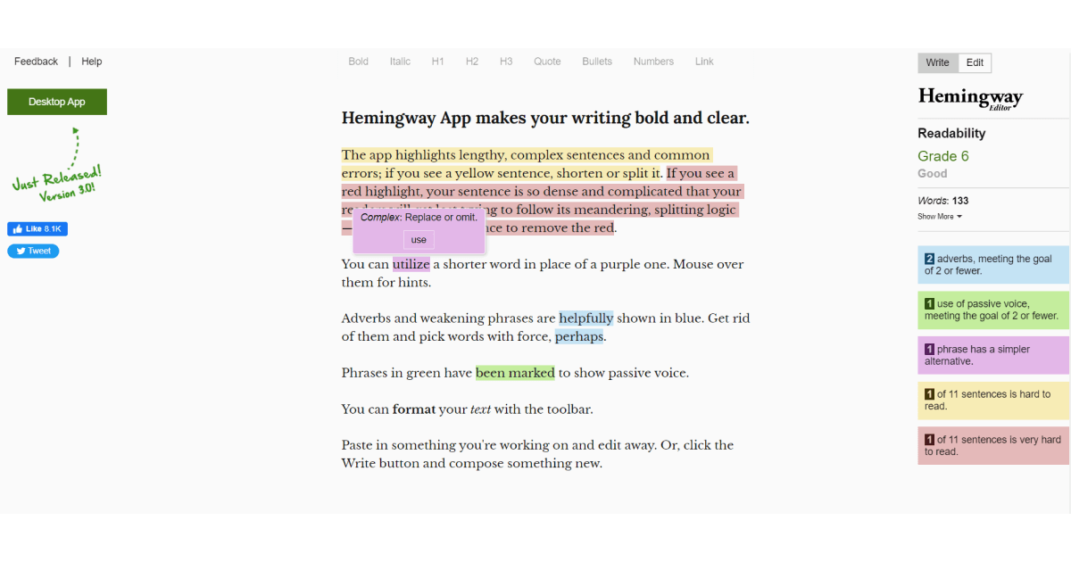 محرر الصفحة الرئيسية hemingway