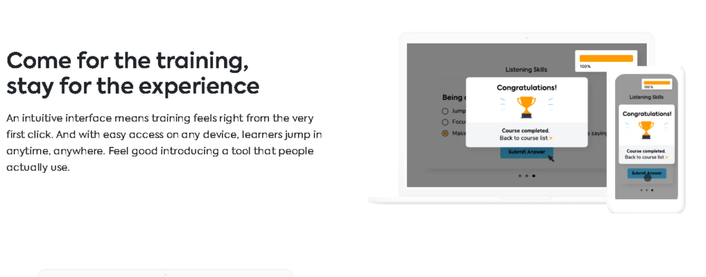 Captură de ecran a unei pagini web TalentLMS, ilustrând o pagină de felicitări, indicând că utilizatorul a finalizat un curs.