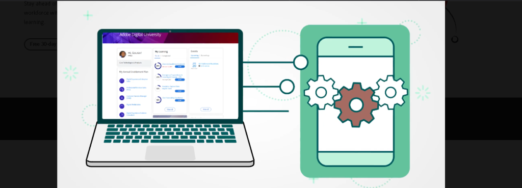 Captură de ecran a unei pagini web Adobe Learning Manager, care arată un ecran de antrenament și unelte.