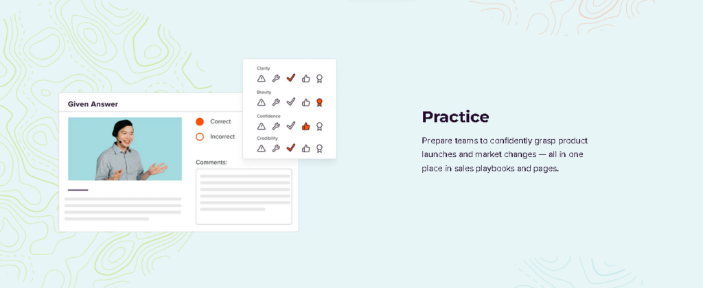 Captură de ecran a unei pagini web Lessonly, care arată un ecran în care un cursant exersează prin video.