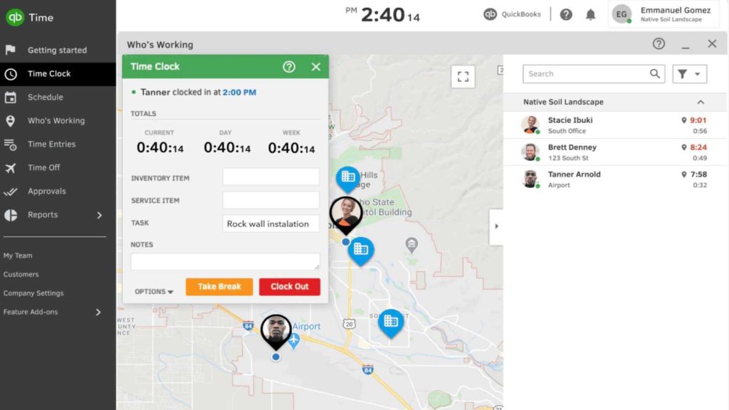 Captură de ecran Quickbooks Time care arată ora și locația unui angajat.