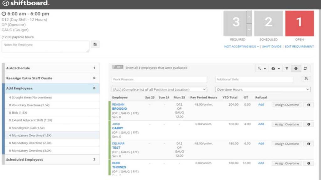 Captură de ecran Shiftboard care arată angajații cu ore suplimentare