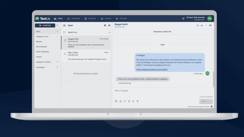 La piattaforma web TextUs che mostra una conversazione testuale.