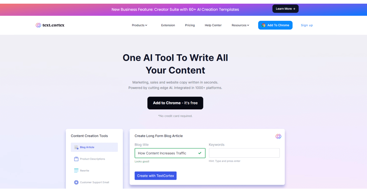 página de inicio de textcortex