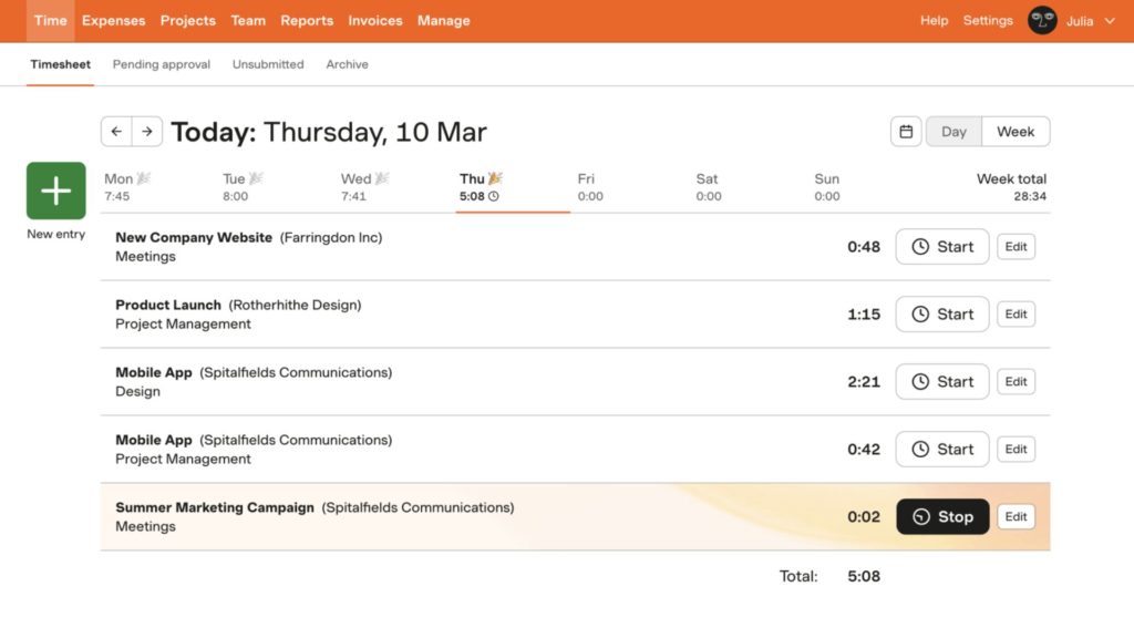 収穫時のタスクとプロジェクトの時間追跡のスクリーンショット
