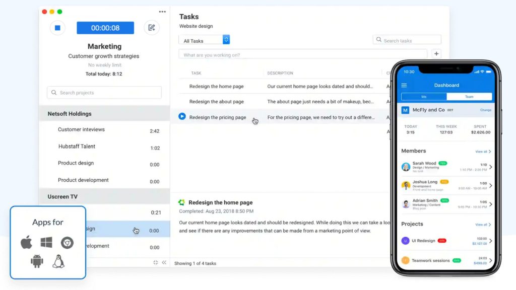 デスクトップとモバイルのハブスタッフでのプロジェクト時間追跡のスクリーンショット