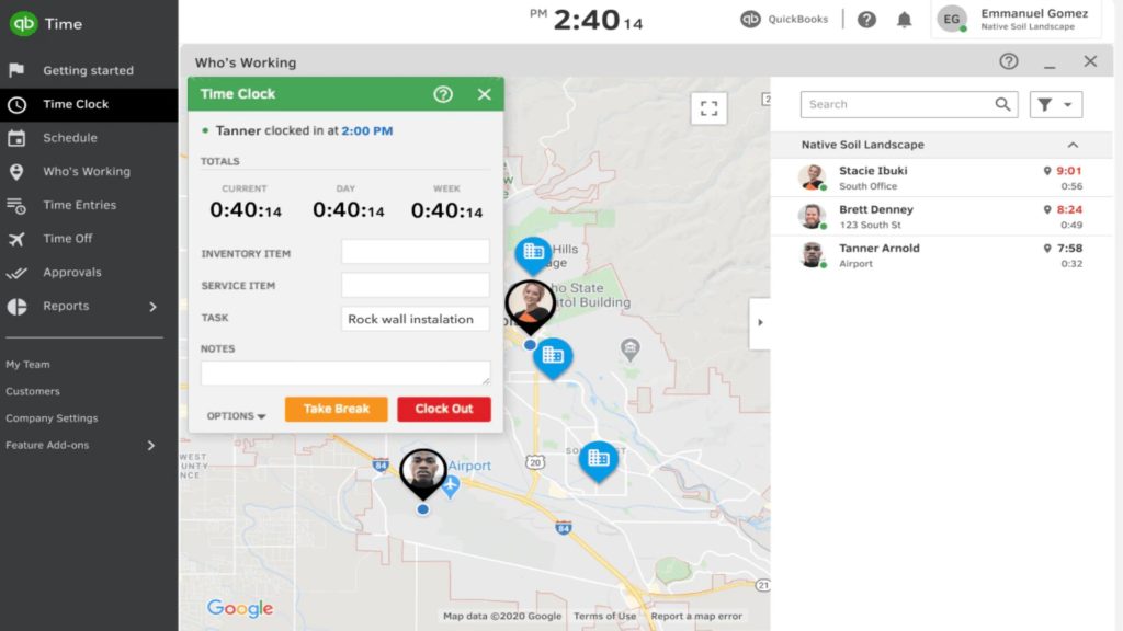 Quickbooks time の特定の従業員の時間追跡ウィンドウのスクリーンショット