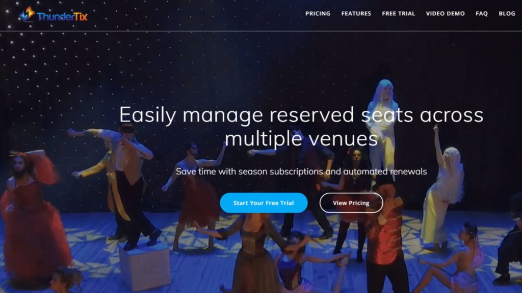 Thundertix 网页的屏幕截图，标题为：Easily manage reserved seats across multiple venues