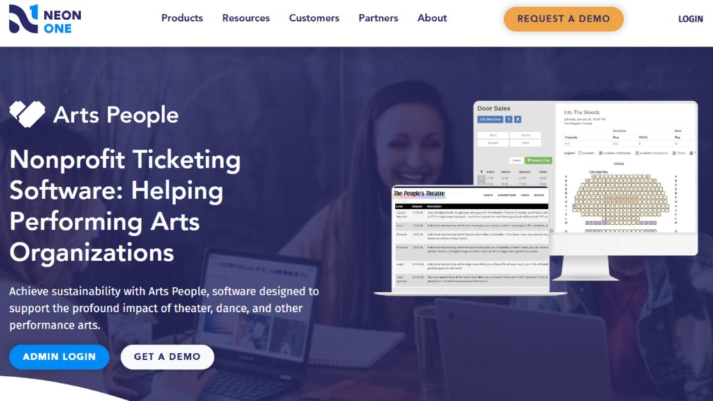 Arts People 网页的屏幕截图，标题为：非营利票务软件：帮助表演艺术组织