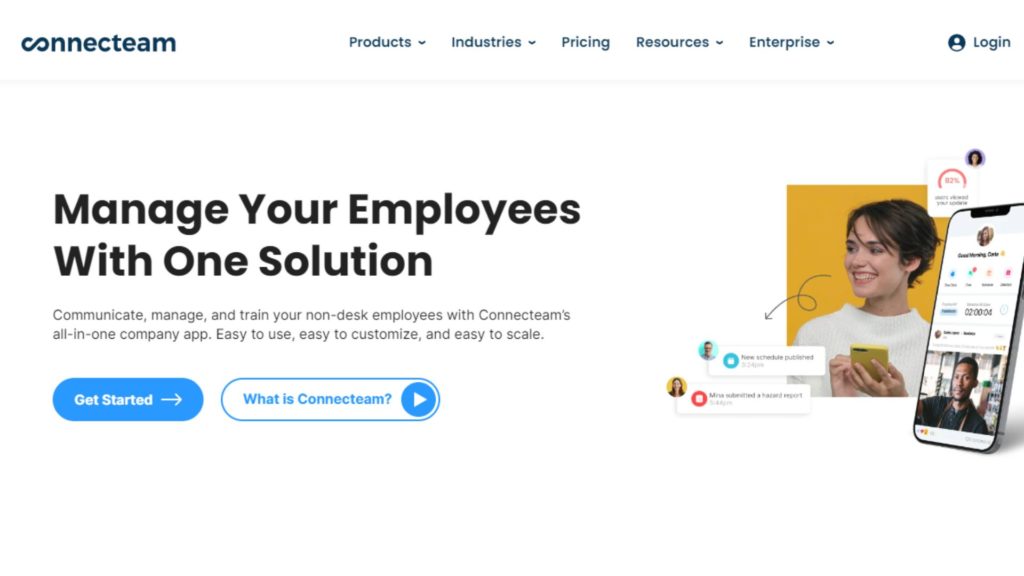 Connecteam 网页的屏幕截图，标题为：Manage your employees with one solution