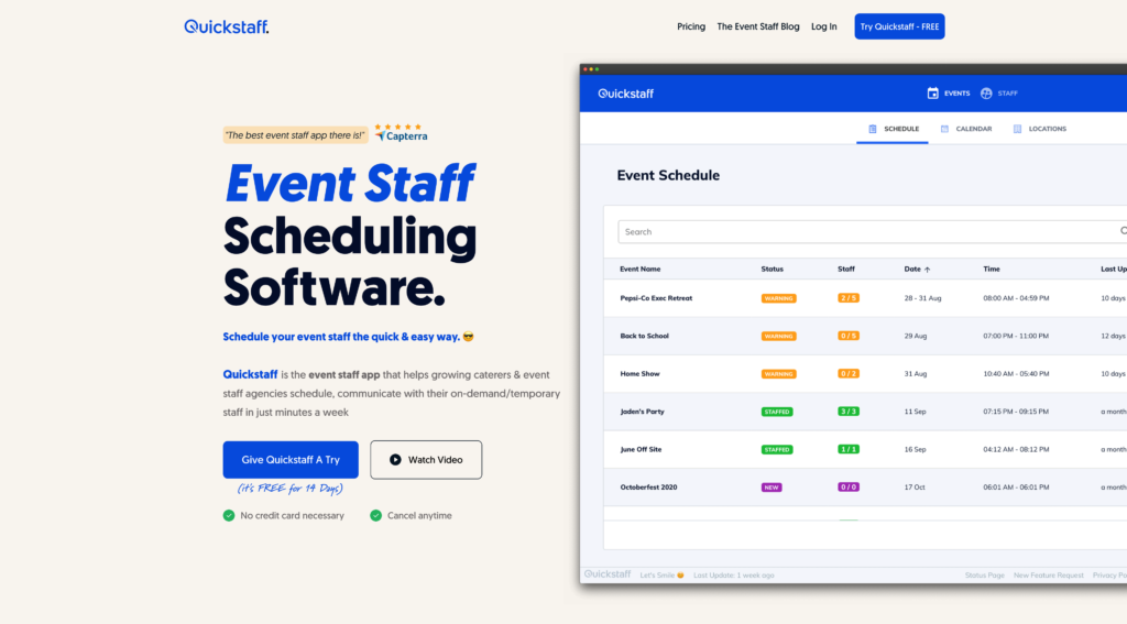 Quickstaff 的主页,在平板电脑上可以看到一个示例时间表