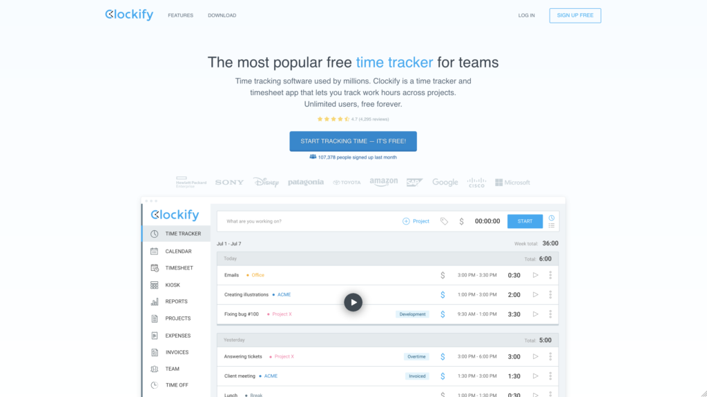 带有时间跟踪软件图像的 Clockify 主页