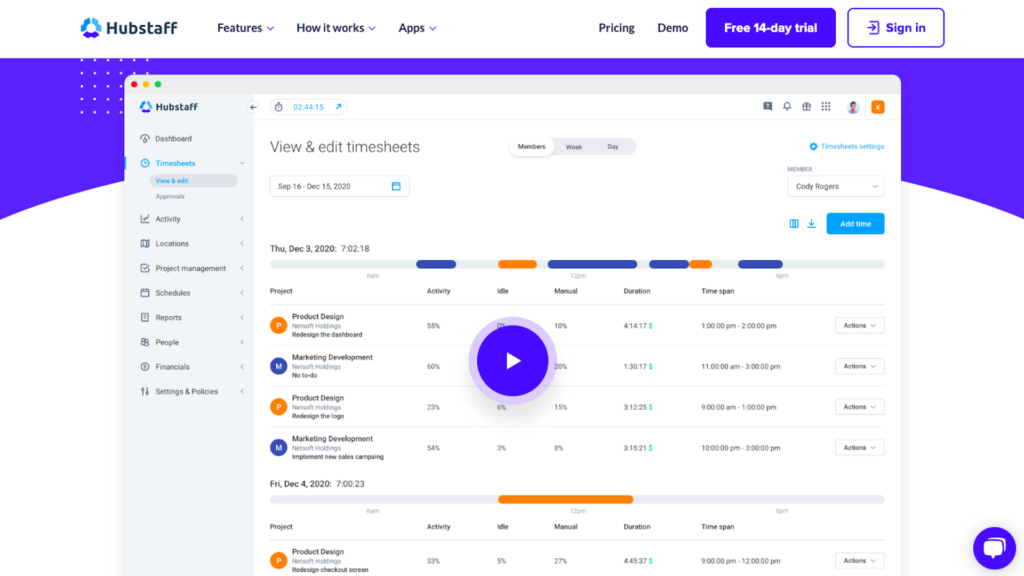 온라인 시간표 기능을 보여주는 Hubstaff 웹사이트의 스크린샷.