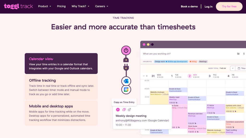 시간 추적 기능을 보여주는 Toggl Track 웹사이트의 스크린샷.