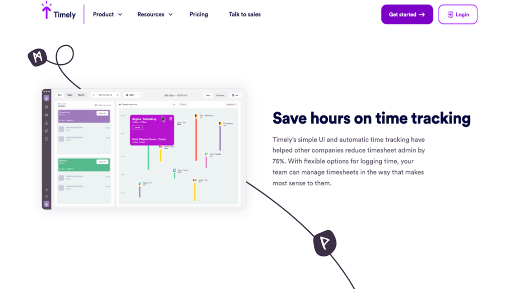 끌어서 놓기 작업표 빌더를 보여주는 Timely 웹 사이트의 스크린샷.