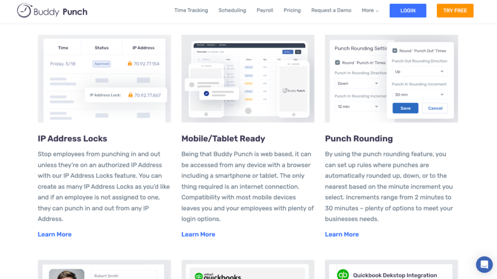 몇 가지 주요 기능을 설명하는 Buddy Punch 웹사이트의 스크린샷.