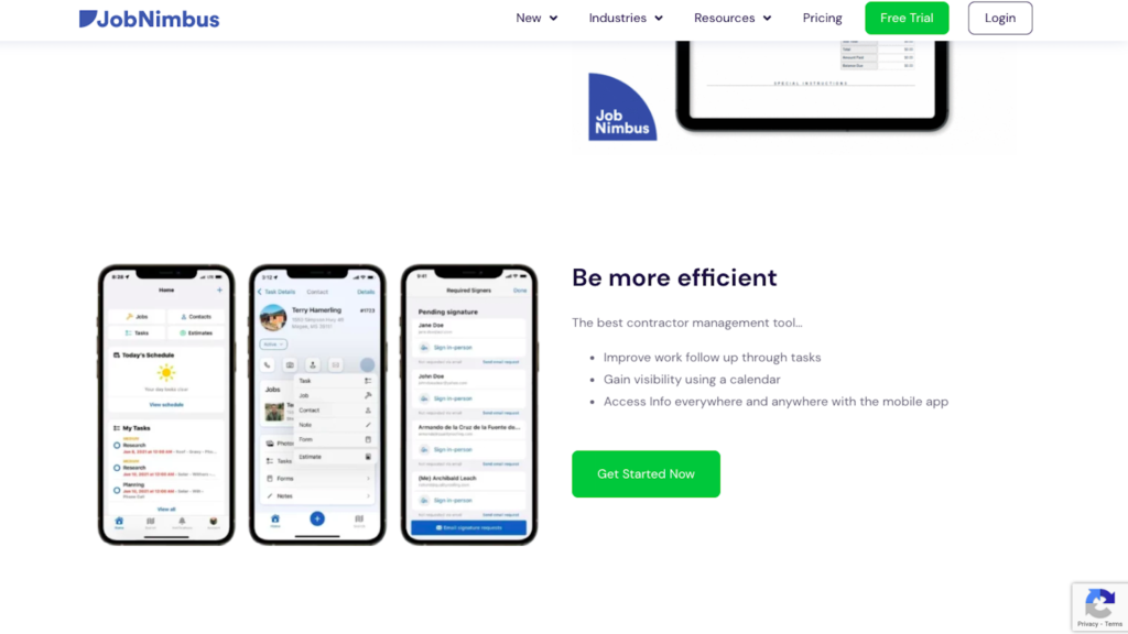 Capture d'écran de la page Web de JobNimbus avec des explications sur l'outil de gestion des sous-traitants