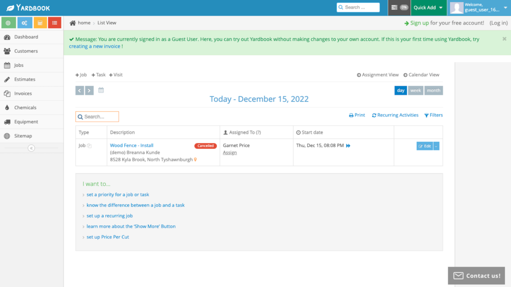 Capture d'écran du site Web de Yardbook montrant un compte de démonstration