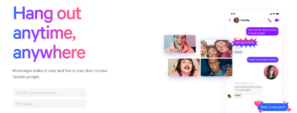 さまざまな年齢や性別の人々が笑っているメッセンジャー Web ページのスクリーンショット