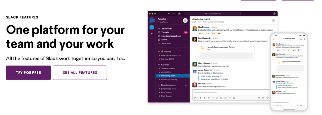 ミーティングを計画しているチームを示す Slack Web ページのスクリーンショット