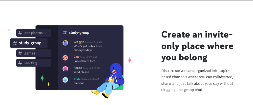 スタディ グループに関するテキスト メッセージを表示している Discord Web ページのスクリーンショット