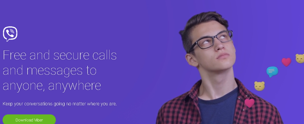 絵文字に囲まれて見上げる若い男性を示す Viber Web ページのスクリーンショット