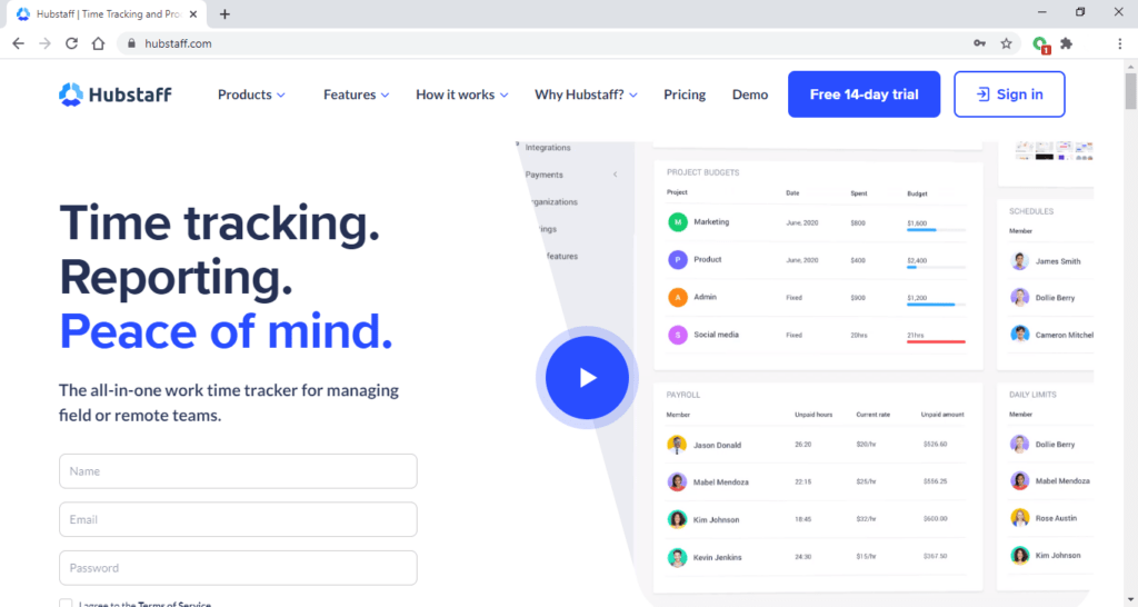 Grafico che mostra uno screenshot della home page di Hubstaff.