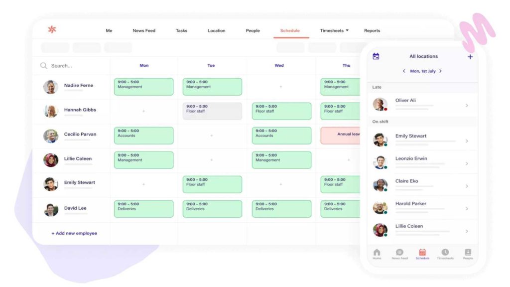 Perangkat lunak penjadwalan wakil karyawan menunjukkan jadwal pada platform seluler dan web.