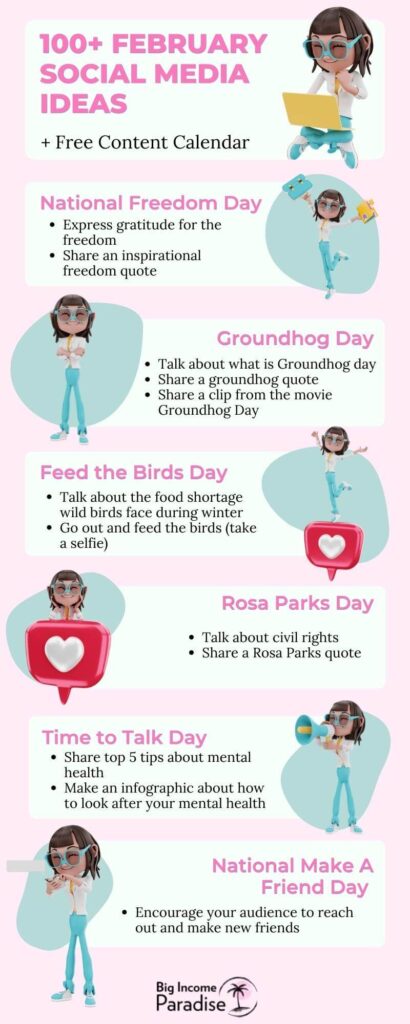 100+ Ide Media Sosial Pembunuh Februari + Kalender Konten Gratis - Infografis oleh Big Income Paradise