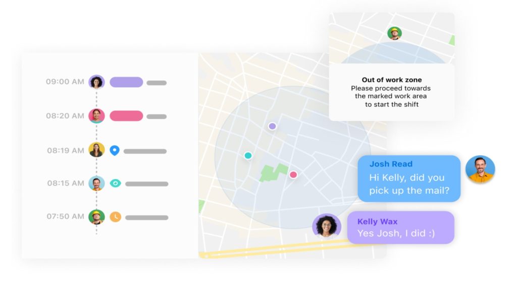 Grafik, die die Standorte der Mitarbeiter auf einer Karte und das Gespräch zwischen einem Mitarbeiter und einem Vorgesetzten zeigt.