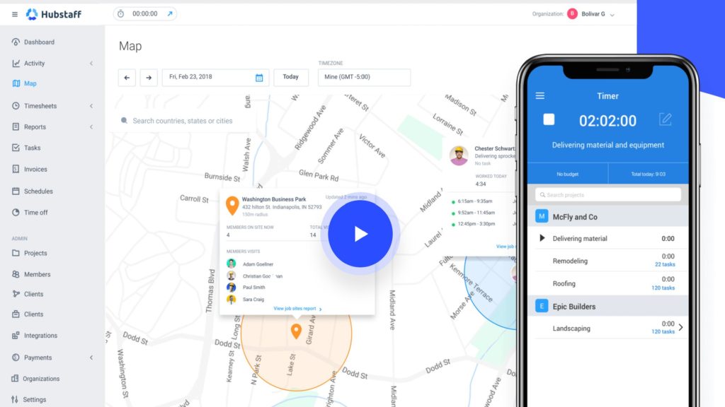 Hubstaff Web- und mobile App, die den Standort und die geleisteten Arbeitsstunden eines Mitarbeiters anzeigt.