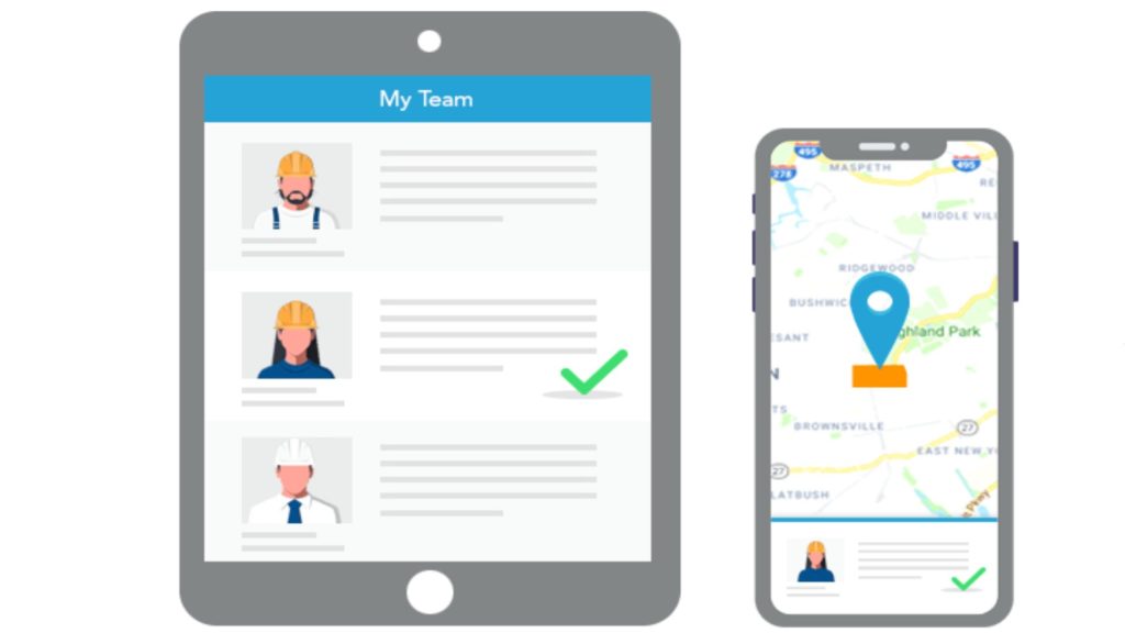 Grafik, die Mitarbeiter auf einem Tablet und einen Standort-Pin auf einem Smartphone zeigt