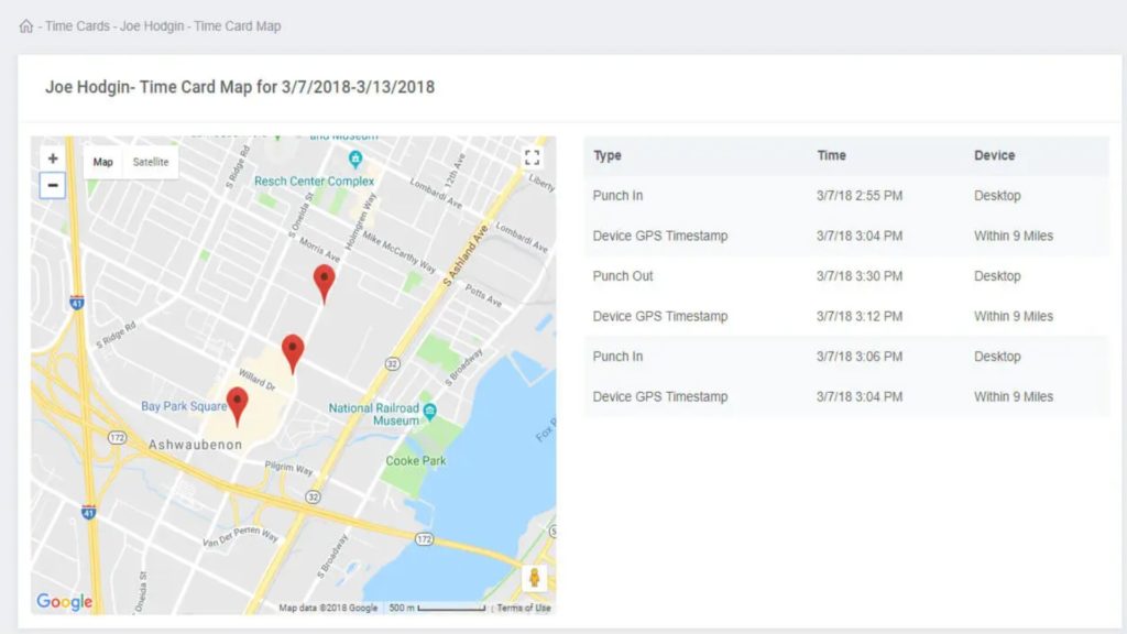Buddy Punch Stempelkartenkarte mit den Einstempelorten eines Mitarbeiters auf Google Maps