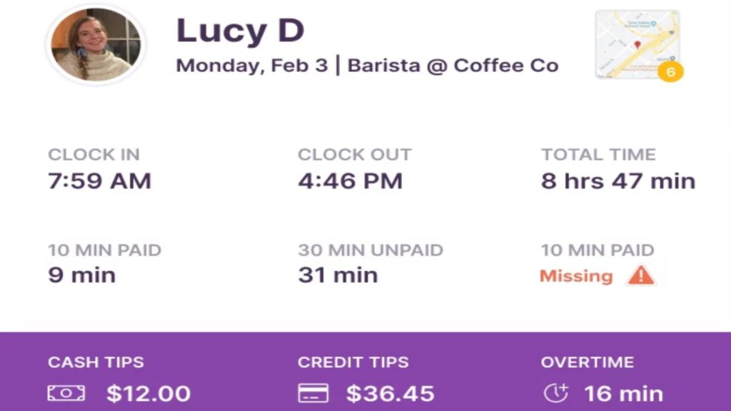 Homebase-App, die die Zeitkarte und den Einstempelort eines Mitarbeiters anzeigt