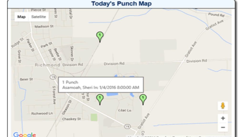 OnTheClock-Karte mit Pins, an denen Mitarbeiter eingestempelt haben