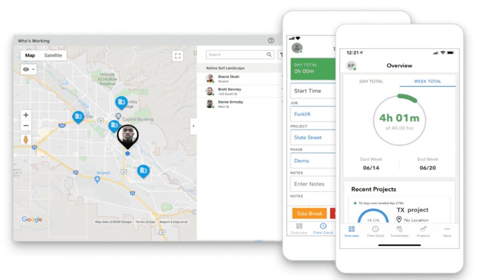 Quickbooks Time zeigt den Standort eines Mitarbeiters auf einer Karte an.