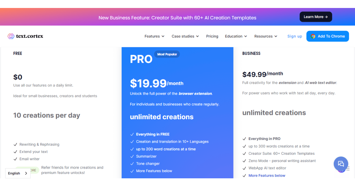 textcortex-pricing-page-best-summarizing-tools
