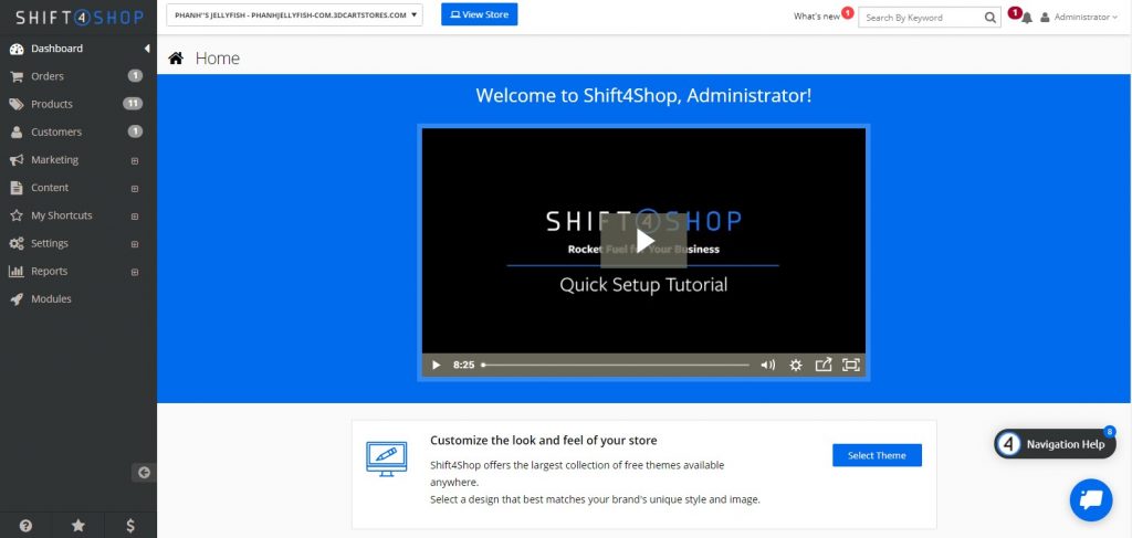Painel amigável para iniciantes do Shift4Shop