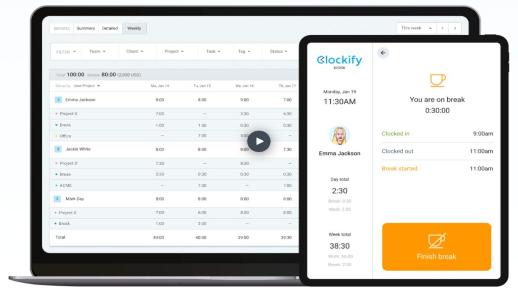 Quiosque Clockify em um tablet mostrando um funcionário no intervalo